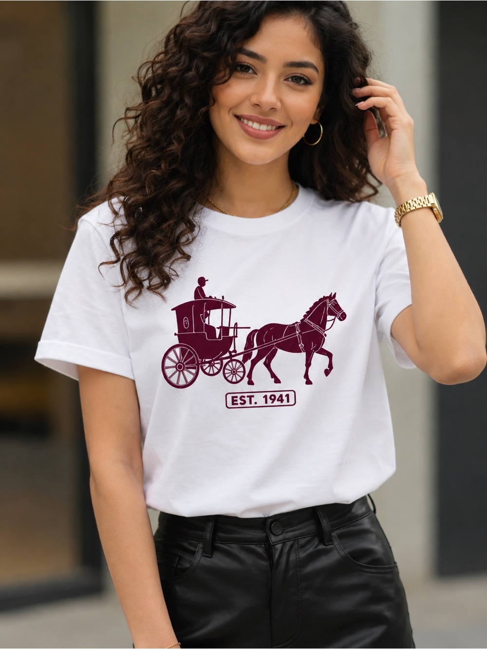 Horse & Carriage EST. 1941 White and Burgundy Graphic Tee - Women’s Small NWOT - Picture 3 of 6